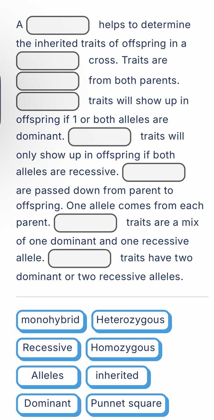 a \boxed{} helps to determine the inherited traits of offspring in a \b…