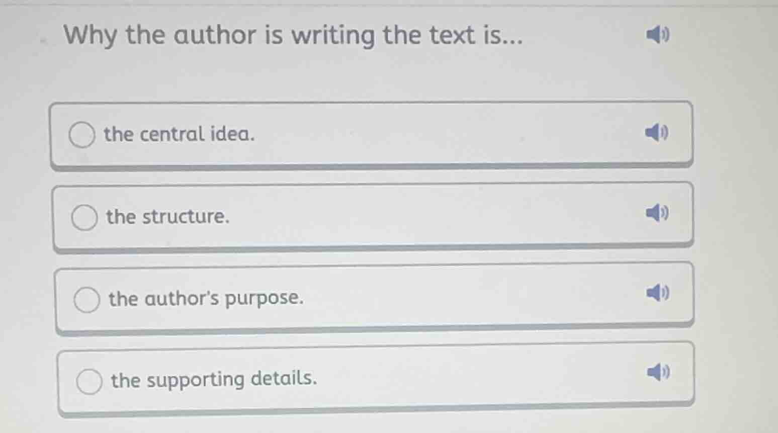 why the author is writing the text is... the central idea. the structur…