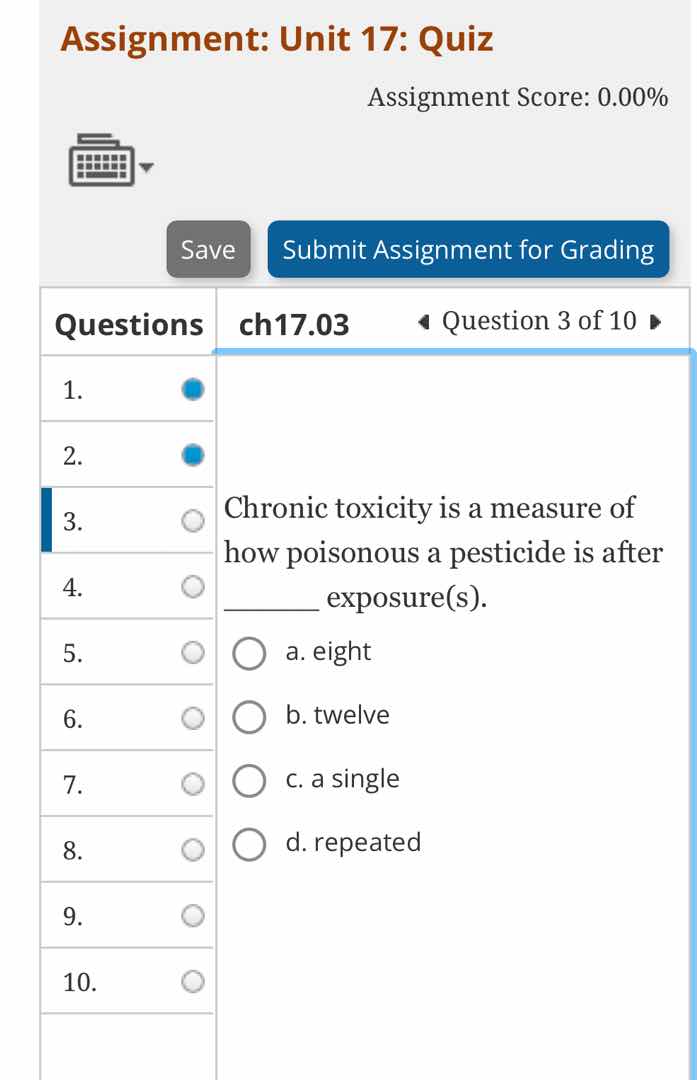 chronic toxicity is a measure of how poisonous a pesticide is after ___…