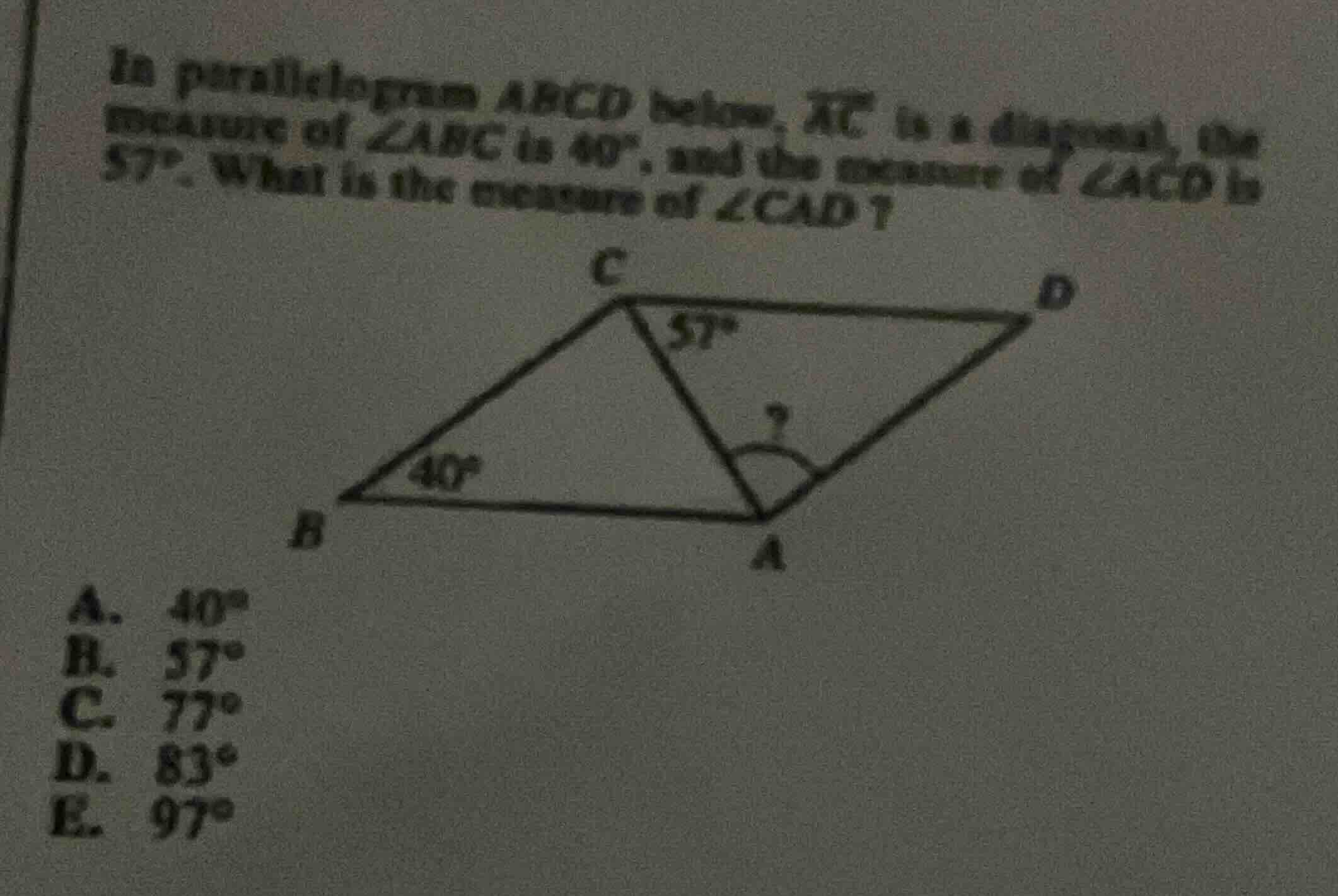 in parallelogram abcd below, ac is a diagonal, the measure of ∠abc is 4…