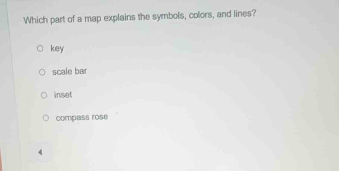which part of a map explains the symbols, colors, and lines? key scale …