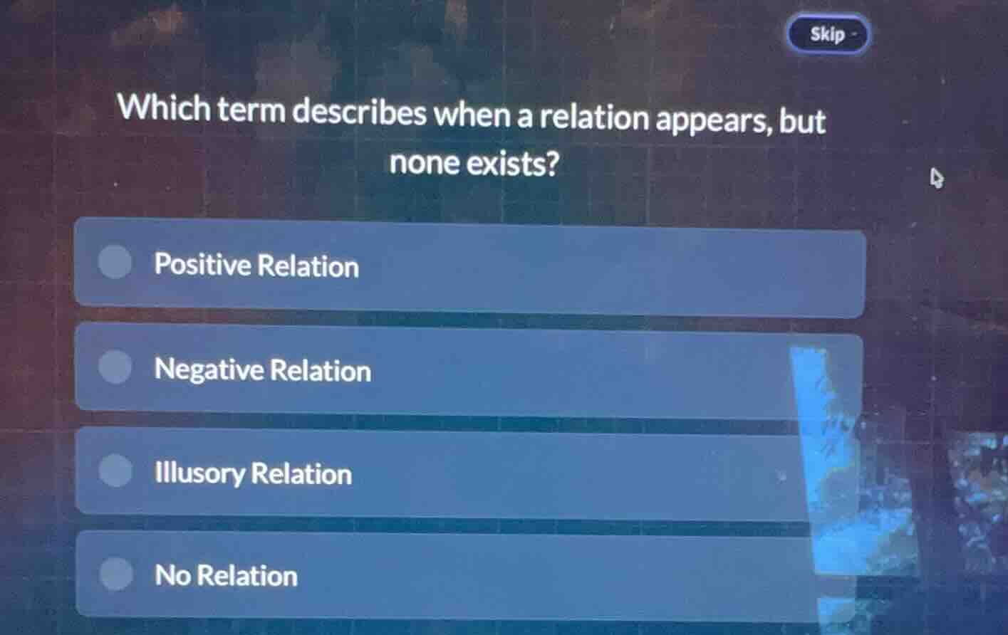 which term describes when a relation appears, but none exists? positive…