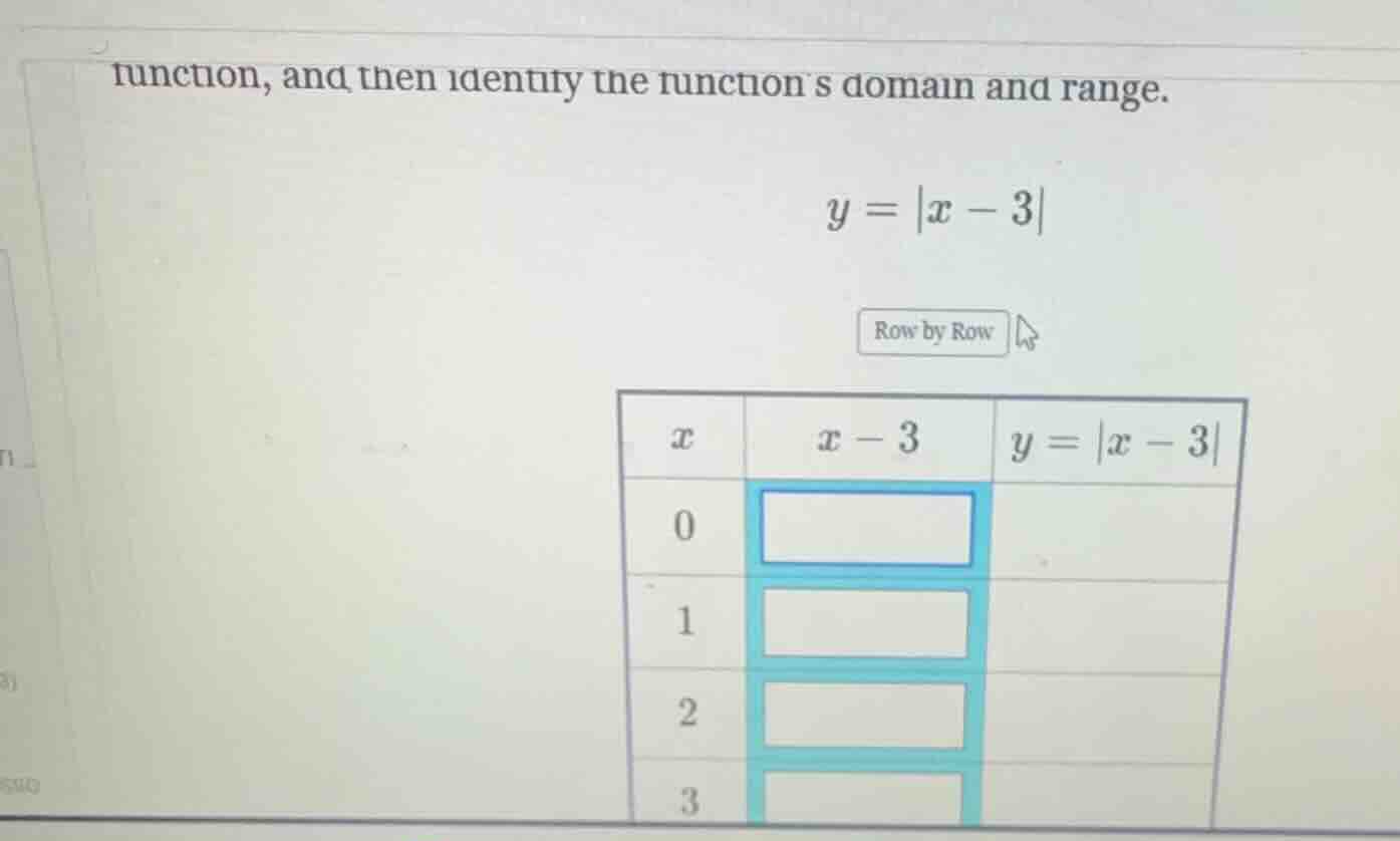 function, and then identify the functions domain and range. $y = |x - 3…