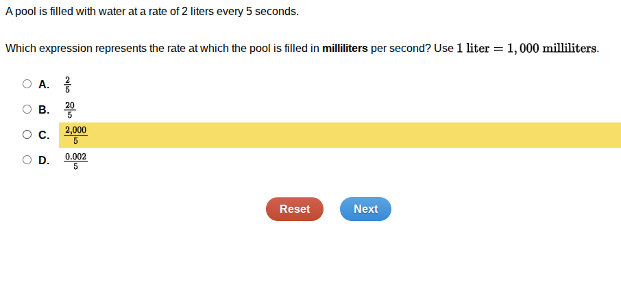 a pool is filled with water at a rate of 2 liters every 5 seconds. whic…