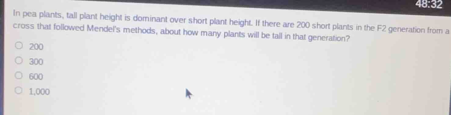 in pea plants, tall plant height is dominant over short plant height. i…