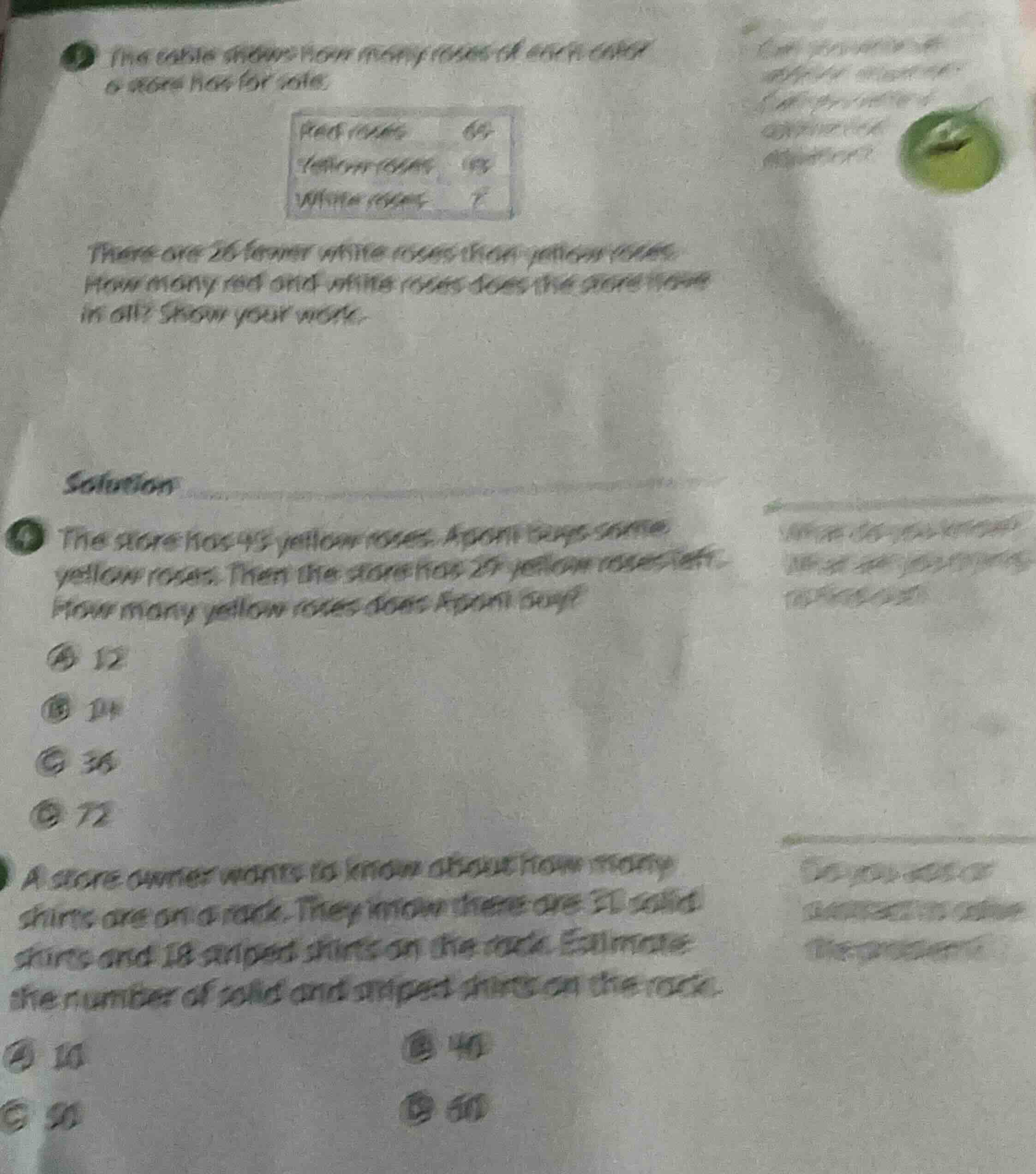 1 the table shows how many roses of each color a store has for sale. re…