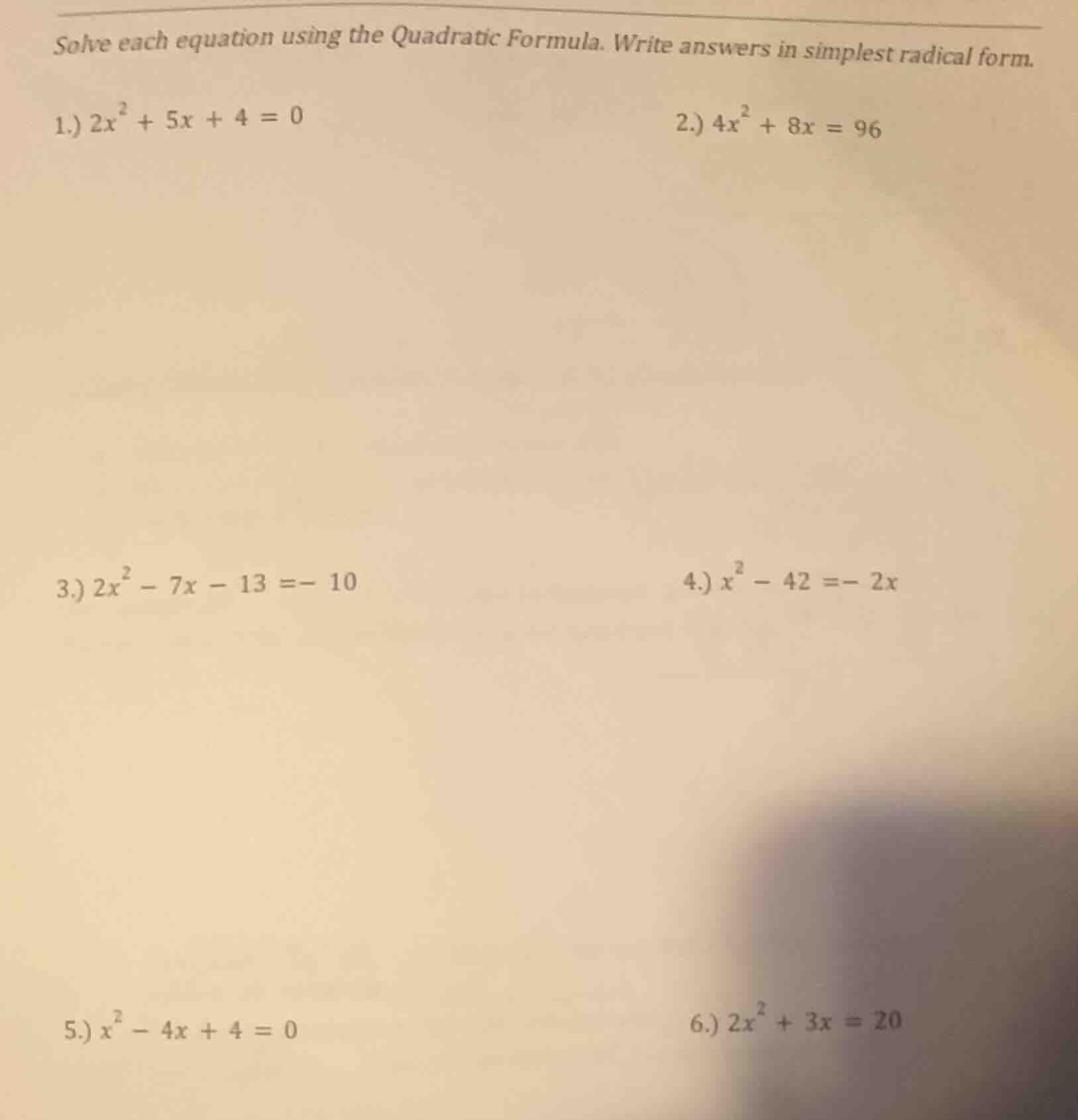 solve each equation using the quadratic formula. write answers in simpl…