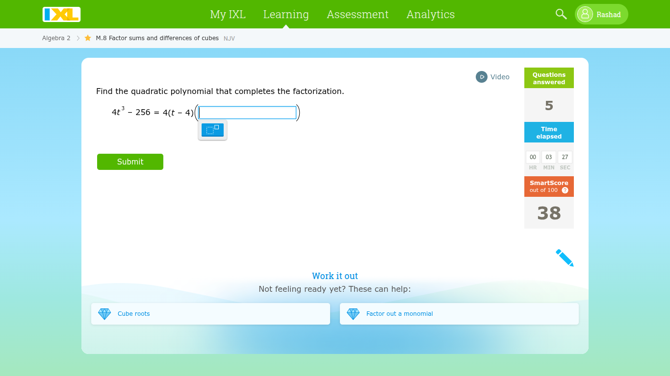 find the quadratic polynomial that completes the factorization. $4t^3 -…