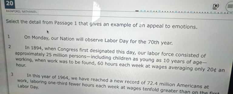 select the detail from passage 1 that gives an example of an appeal to …