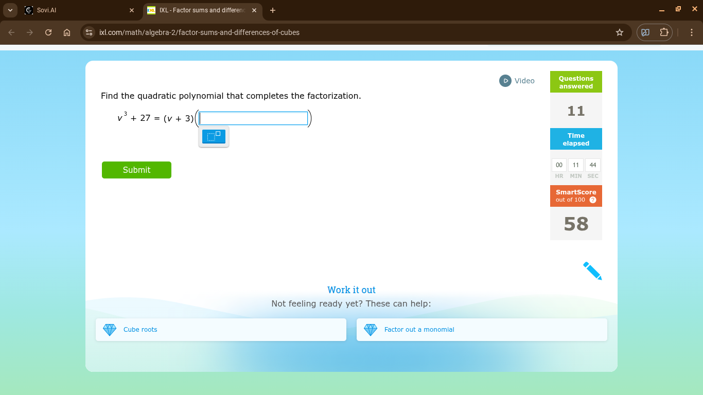 find the quadratic polynomial that completes the factorization. $v^3 + …