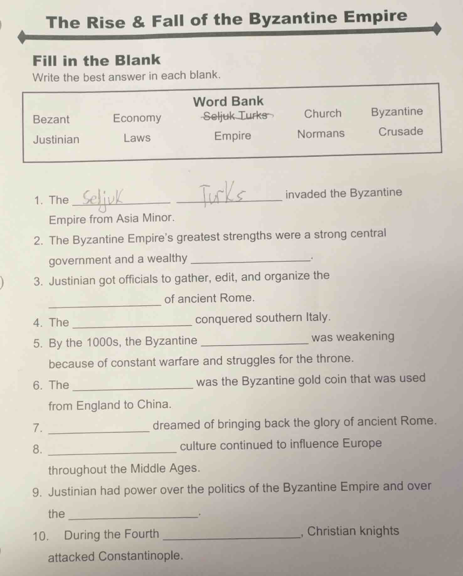 the rise & fall of the byzantine empire fill in the blank write the bes…