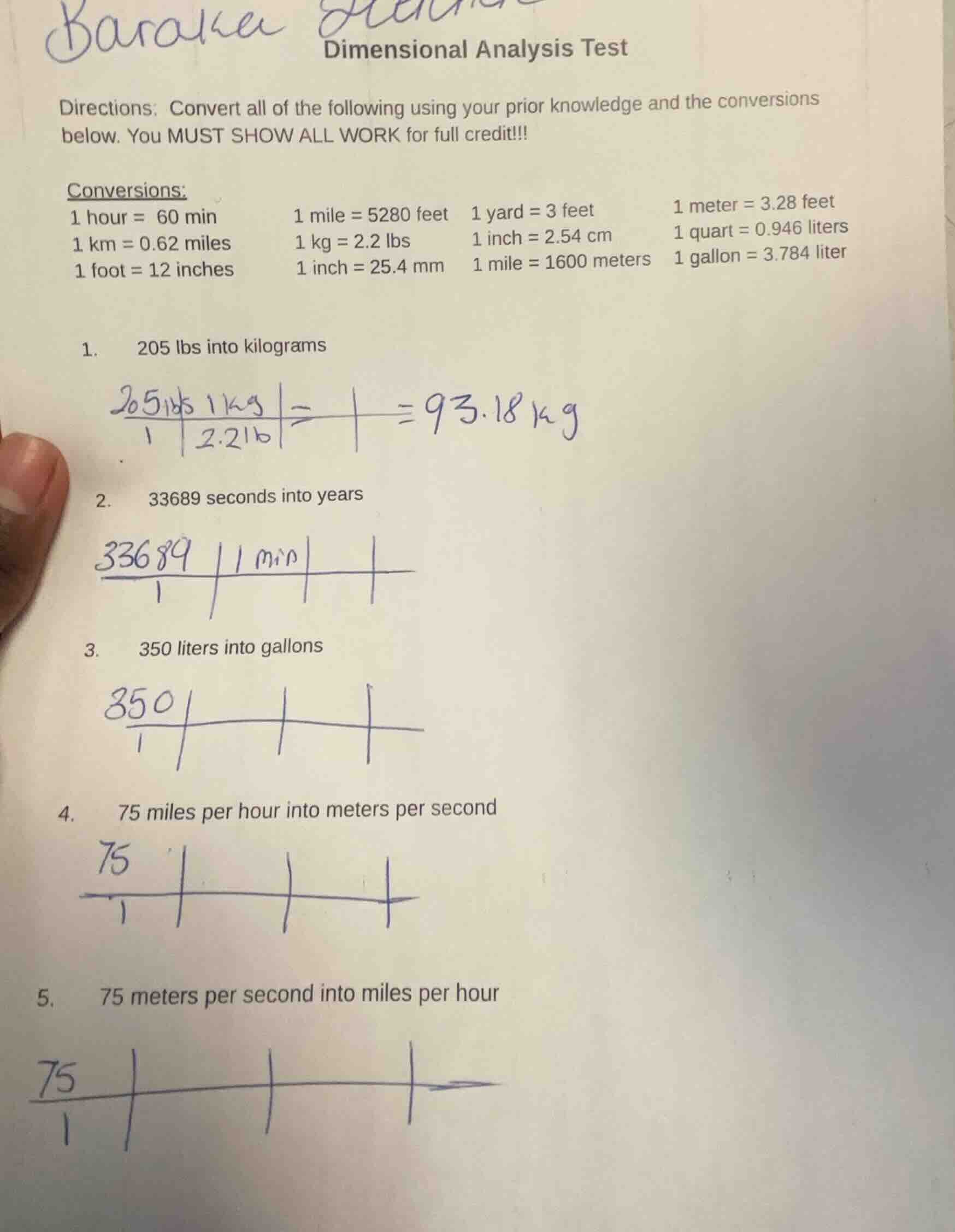 dimensional analysis test directions: convert all of the following usin…