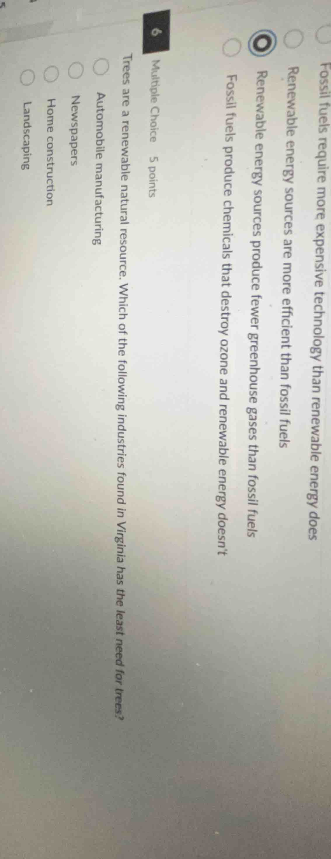 6 multiple choice 5 points trees are a renewable natural resource. whic…