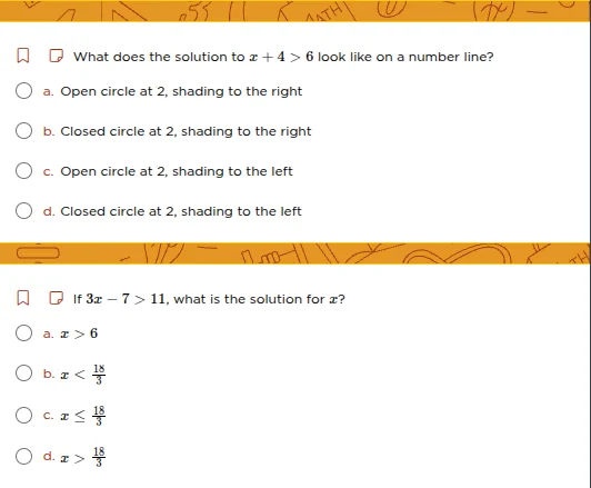 what does the solution to ( x + 4 > 6 ) look like on a number line? a. …