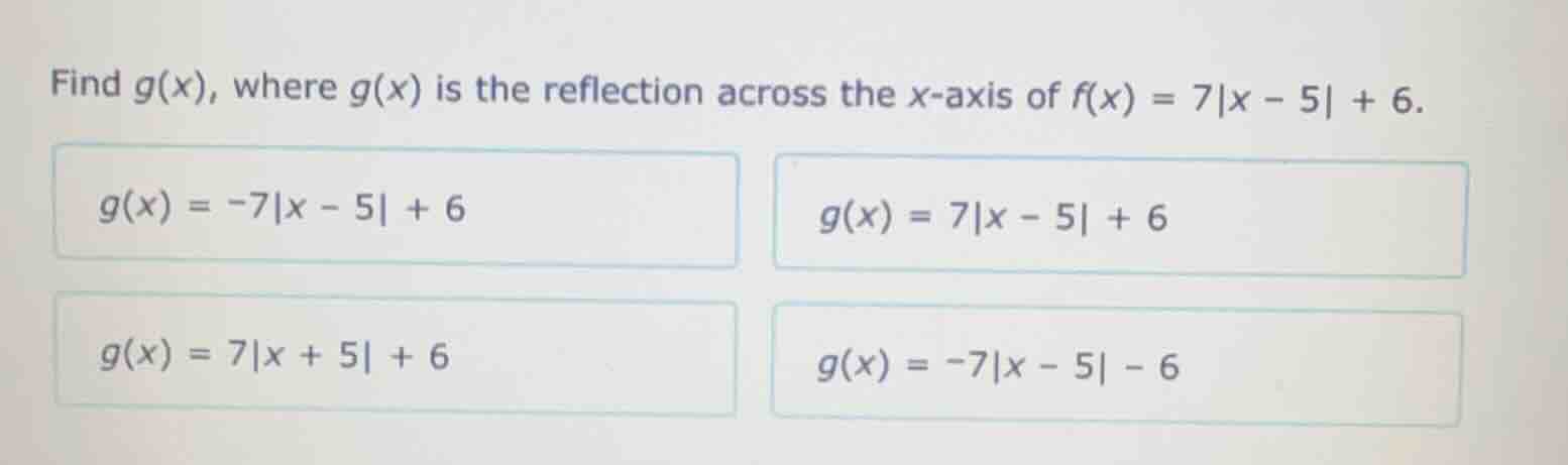 find g(x), where g(x) is the reflection across the x-axis of f(x) = 7|x…