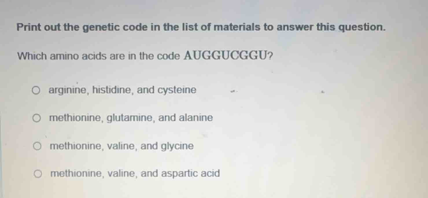 print out the genetic code in the list of materials to answer this ques…