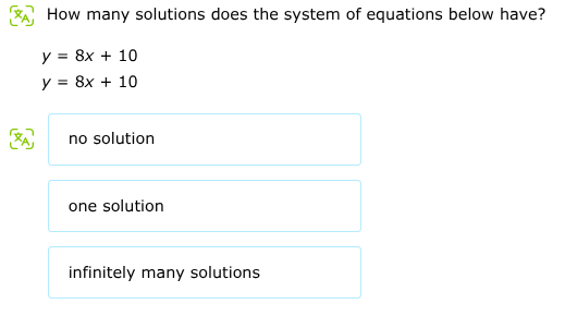 how many solutions does the system of equations below have? y = 8x + 10…
