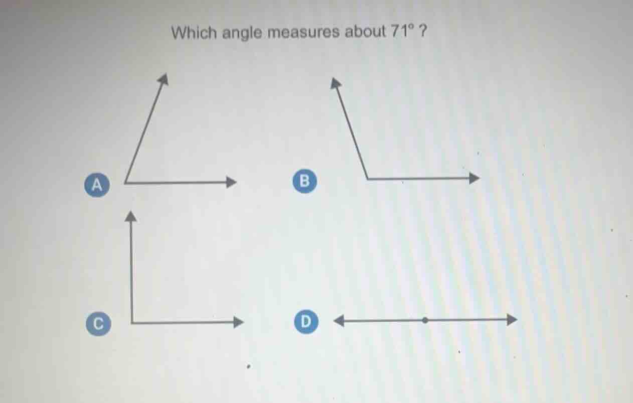 which angle measures about 71° ? a b c d