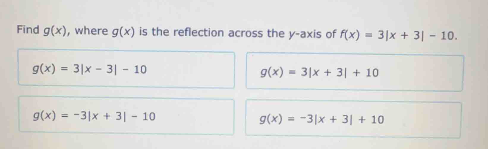 find g(x), where g(x) is the reflection across the y-axis of f(x) = 3|x…
