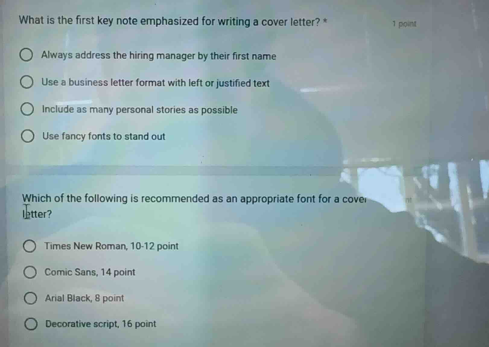what is the first key note emphasized for writing a cover letter? * 1 p…