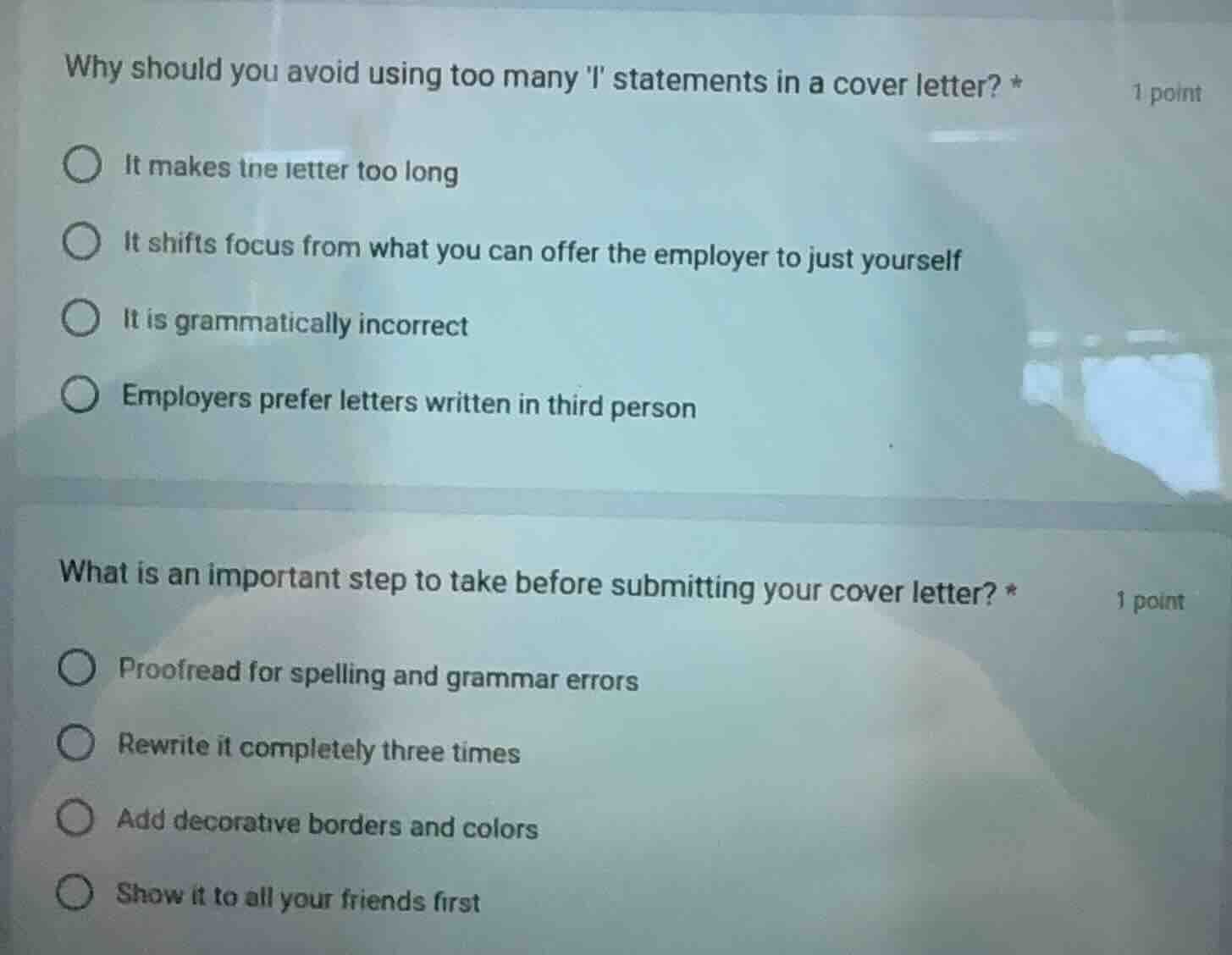 why should you avoid using too many i statements in a cover letter? * 1…