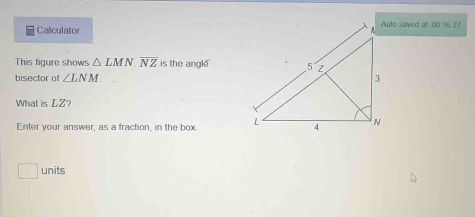 calculator this figure shows △ lmn. ¯nz is the angle bisector of ∠lnm. …