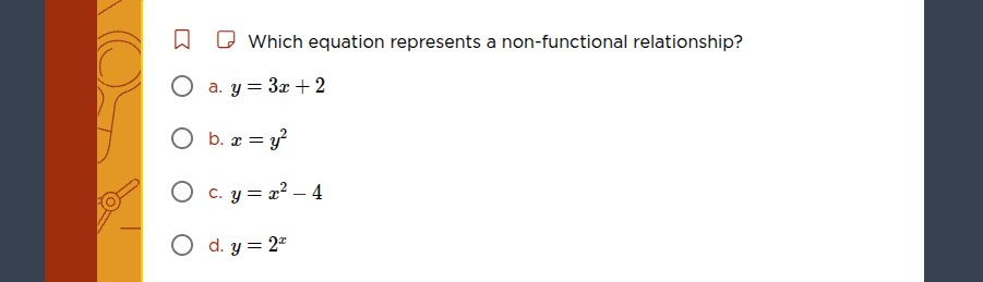 which equation represents a non - functional relationship? a. $y = 3x +…