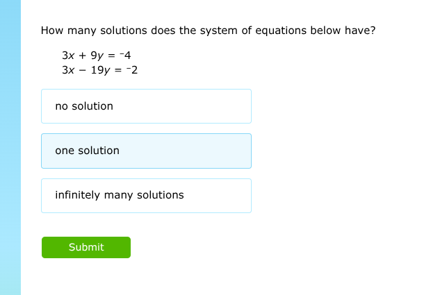 how many solutions does the system of equations below have? 3x + 9y = -…