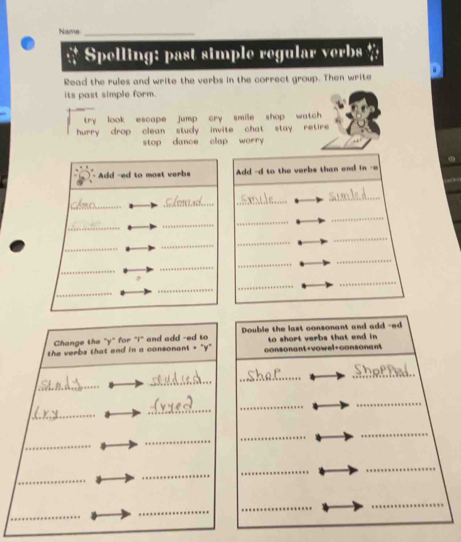 name: spelling: past simple regular verbs read the rules and write the …