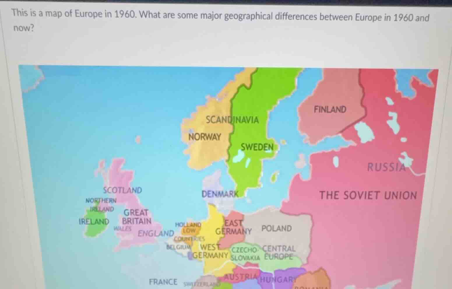 this is a map of europe in 1960. what are some major geographical diffe…