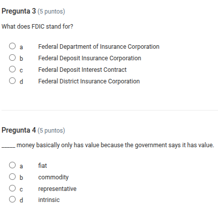 pregunta 3 (5 puntos) what does fdic stand for? ○ a federal department …