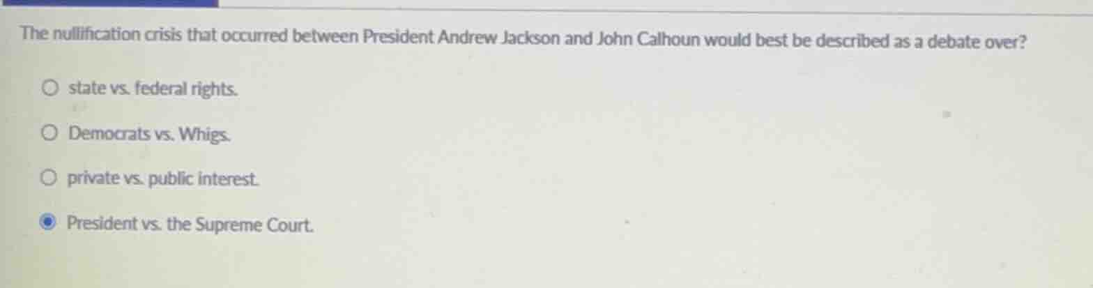 the nullification crisis that occurred between president andrew jackson…