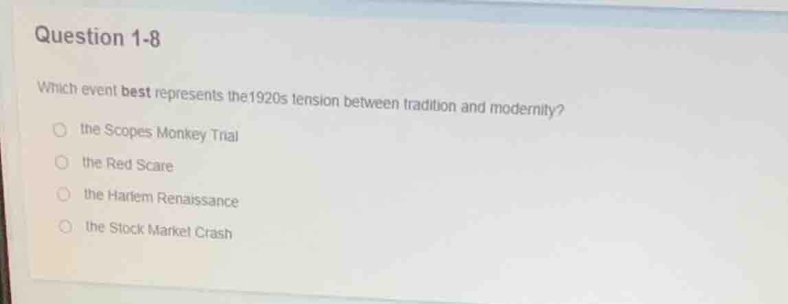 question 1-8 which event best represents the 1920s tension between trad…