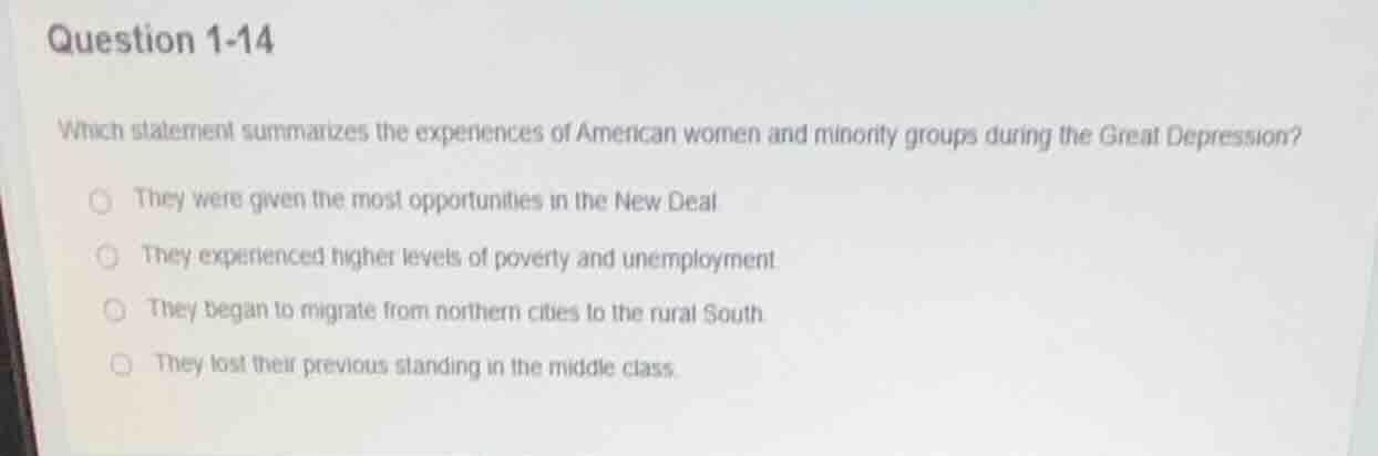 question 1-14 which statement summarizes the experiences of american wo…