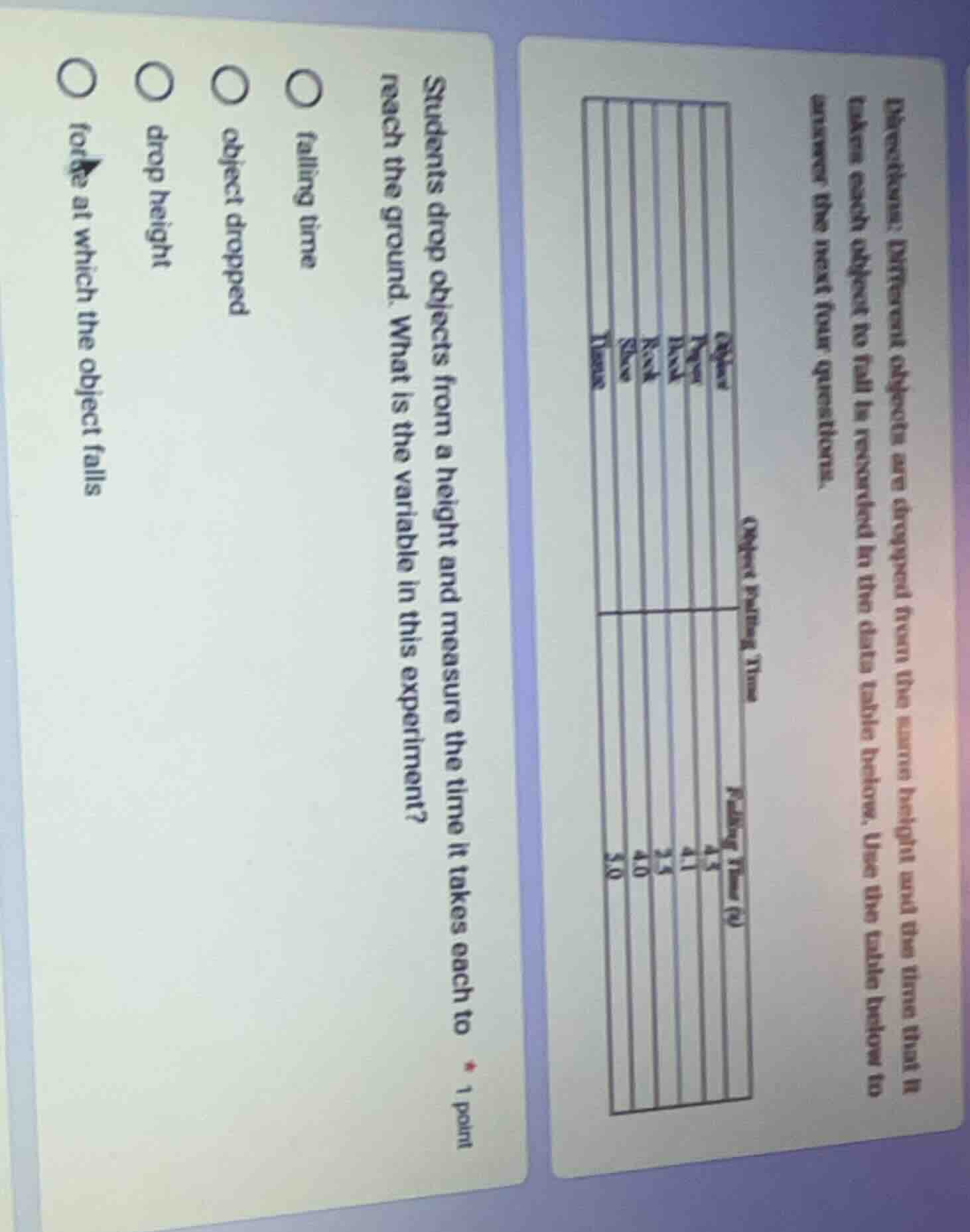 students drop objects from a height and measure the time it takes each …
