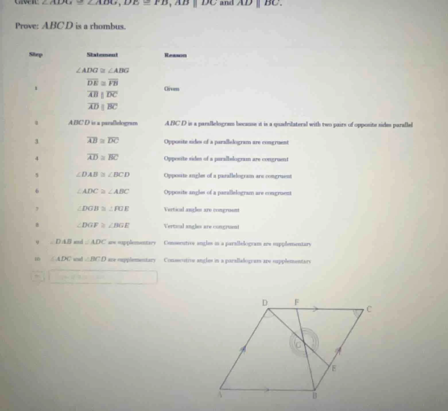 given: $\\angle adg \\cong \\angle abg$, $de \\cong fb$, $ab \\parallel…