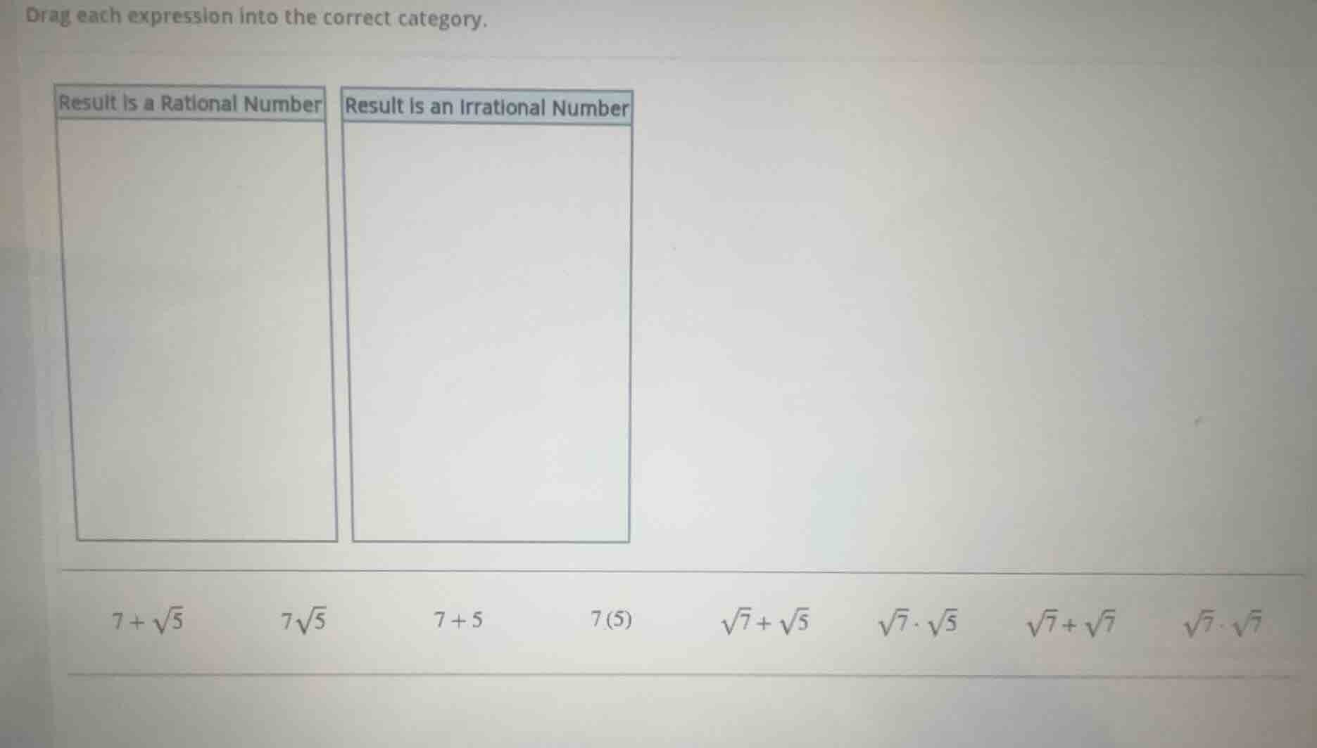 drag each expression into the correct category. result is a rational nu…