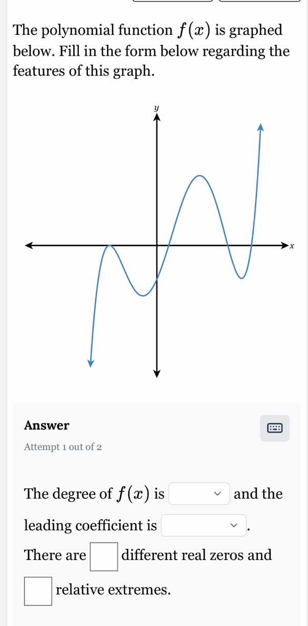 the polynomial function $f(x)$ is graphed below. fill in the form below…