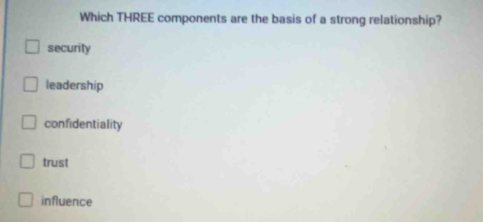 which three components are the basis of a strong relationship? □ securi…