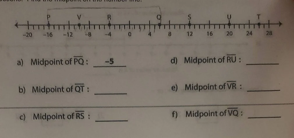 a) midpoint of \\(\\overline{pq}\\) : \\(-5\\) d) midpoint of \\(\\over…