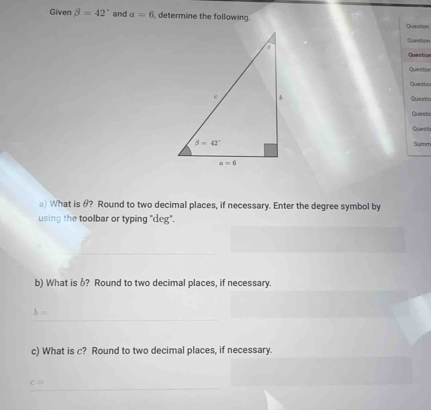 given $\\beta = 42^{\\circ}$ and $a = 6$, determine the following. (ima…