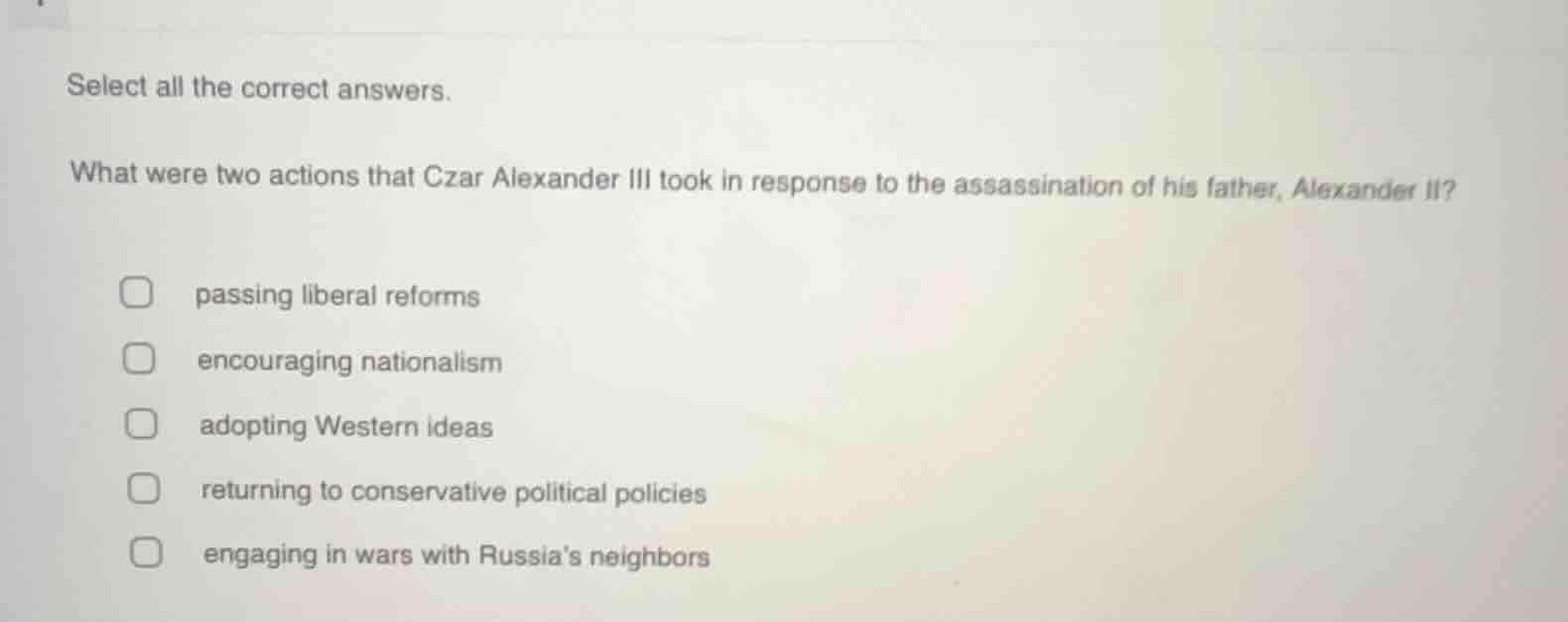 select all the correct answers. what were two actions that czar alexand…