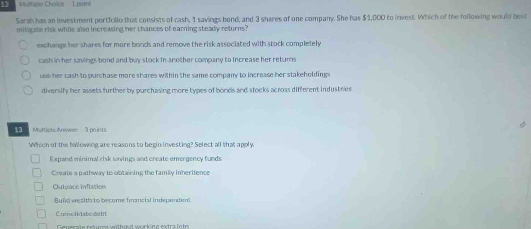 12 multiple choice 1 point sarah has an investment portfolio that consi…