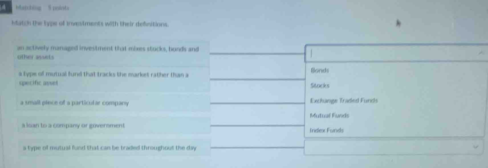 4 matching 5 points match the type of investments with their definition…