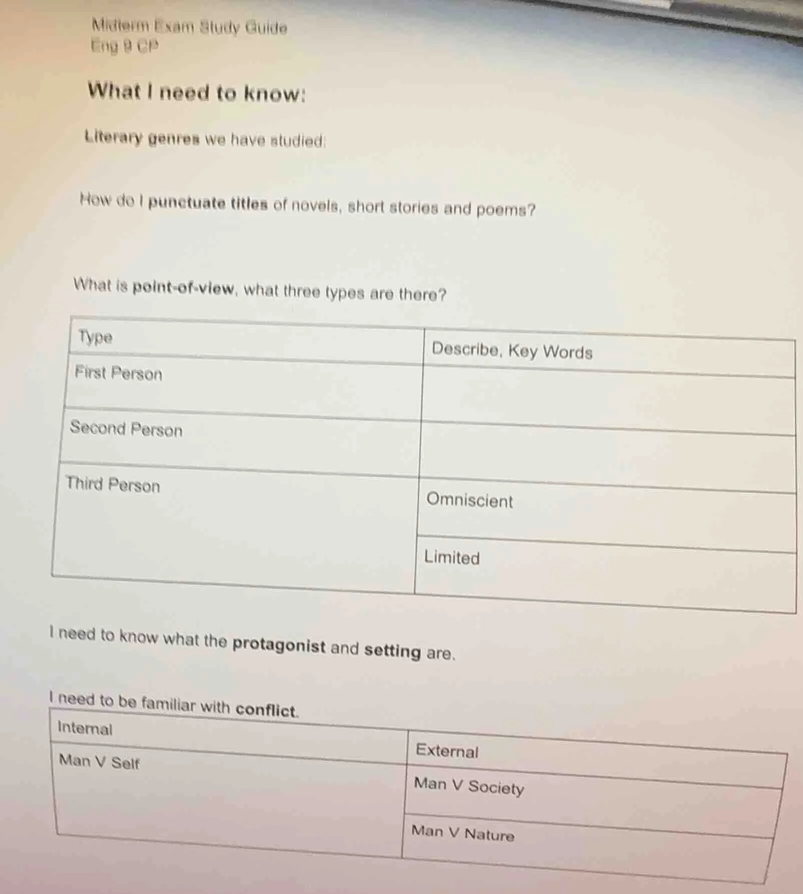 midterm exam study guide eng 9 cp what i need to know: literary genres …