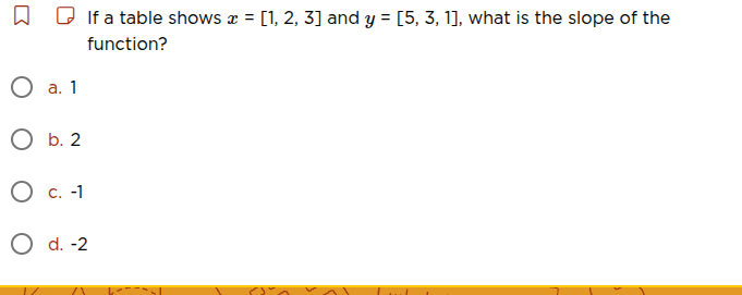 if a table shows $x = 1, 2, 3$ and $y = 5, 3, 1$, what is the slope of …