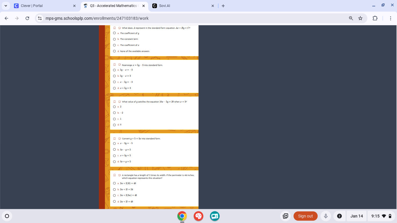 1. what does a represent in the standard form equation, ax + by = c? a.…