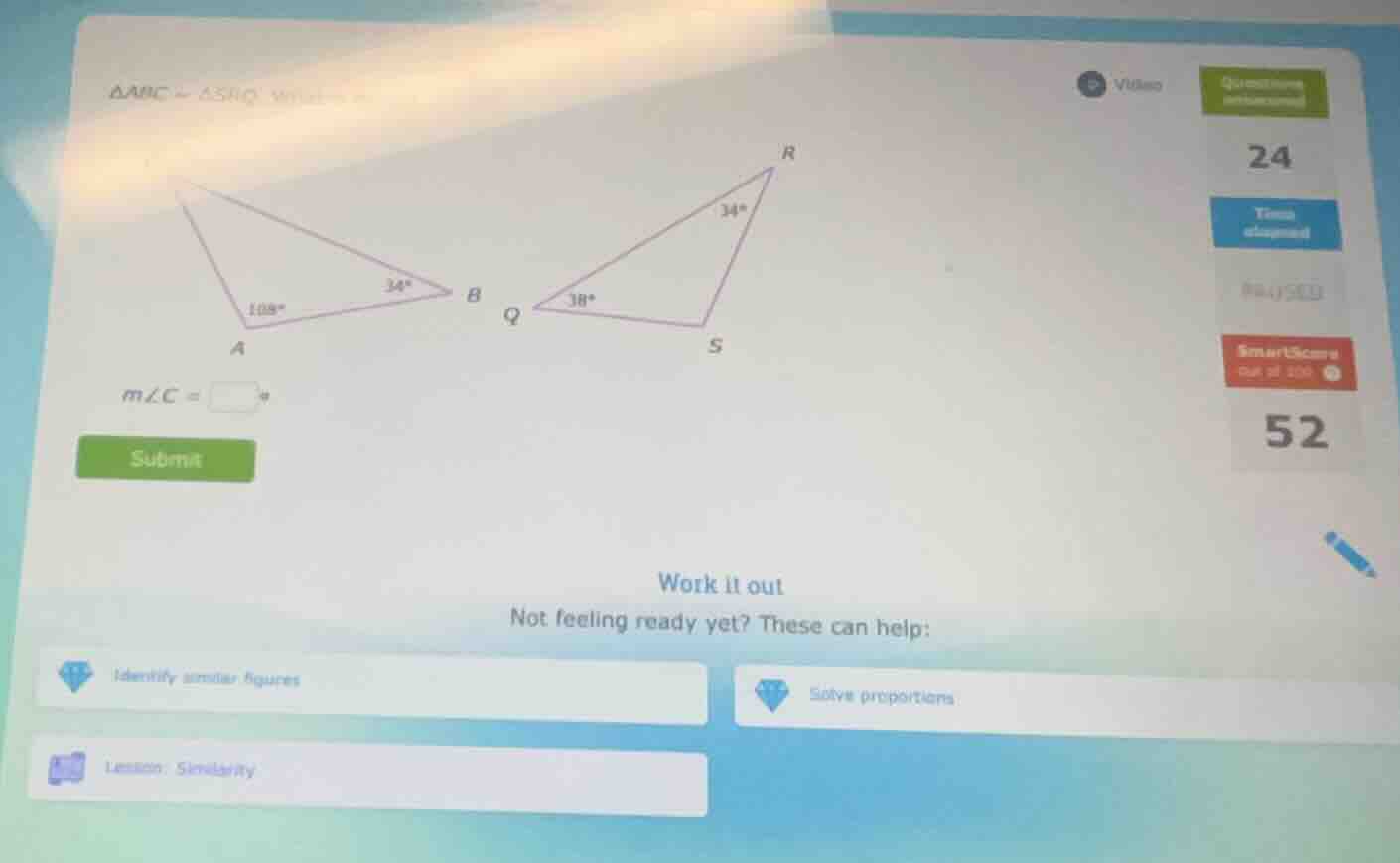 △abc ~ △srq. what is m∠c =? there are two triangles, one labeled abc wi…