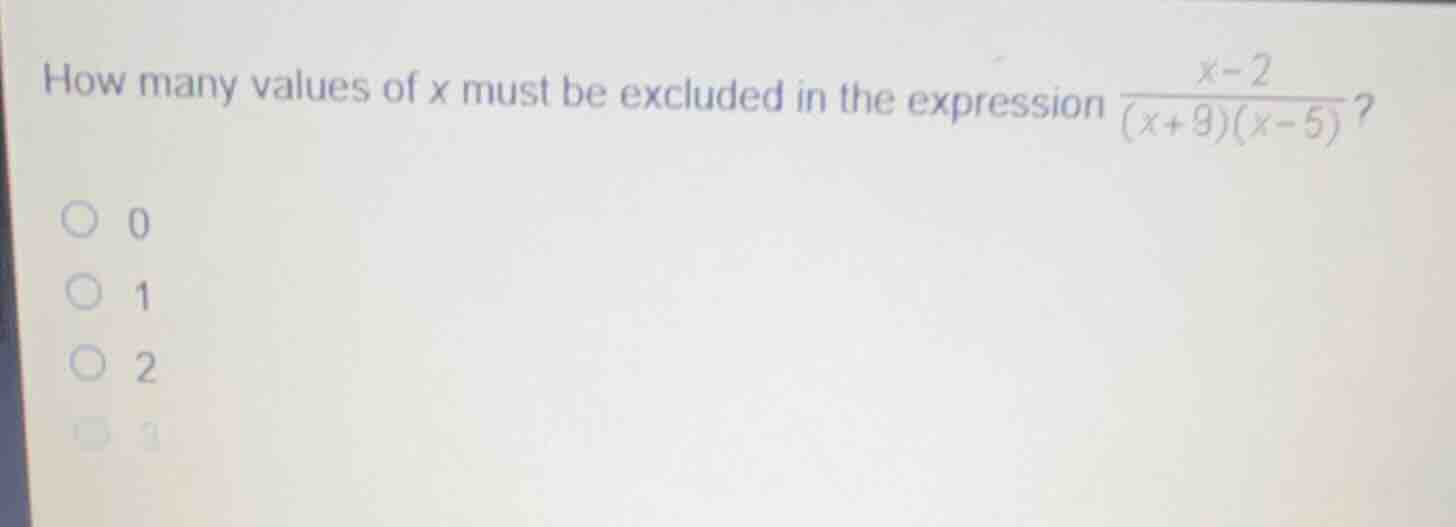 how many values of x must be excluded in the expression \\(\frac{x - 2}…