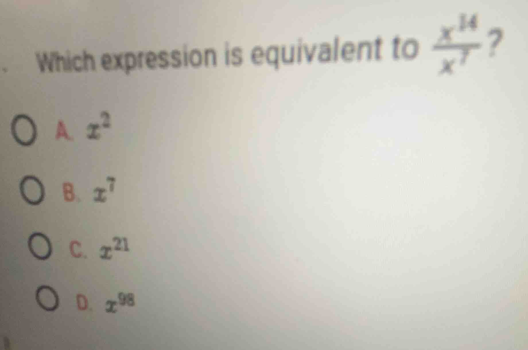which expression is equivalent to \\(\\frac{x^{14}}{x^{7}}\\)? a. \\(x^…